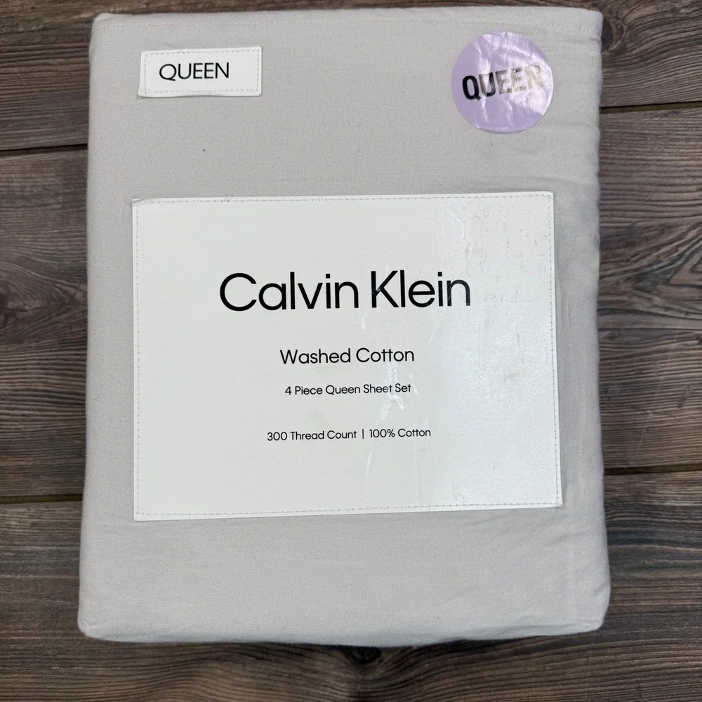 Calvin Klein Washed Cotton Queen Sheet‎ Set 4pc 300TC Grey NEW